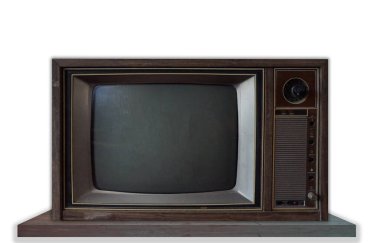 Klasik Vintage Retro Style eski televizyon ahşap masa üzerinde. İzole arka planda eski televizyon.