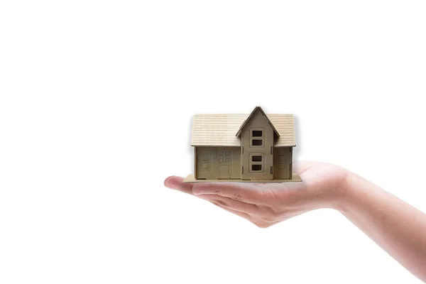 Small Home Model Hand White Background Hand Holding Wooden Home — стоковое фото