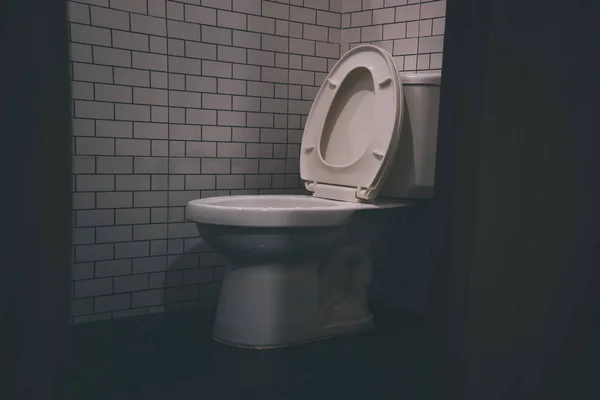 Spoeltoilet Keramische Witte Toiletpot Bij Grijze Wand Zijlicht Moderne Badkamer — Stockfoto