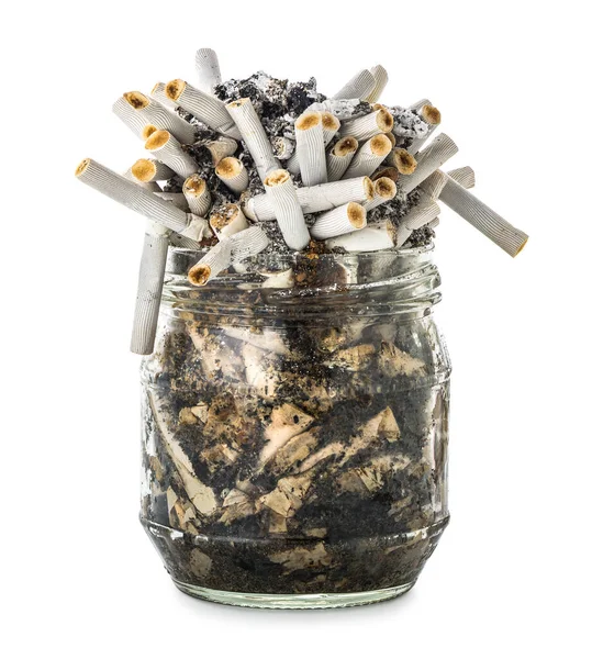 Cigarette butts in jar Stock Photo