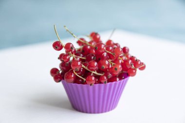 Böğürtlenli bir kek için beyaz sepete izole edilmiş kırmızı frenk üzümü, uygun beslenme ve sağlık konsepti,