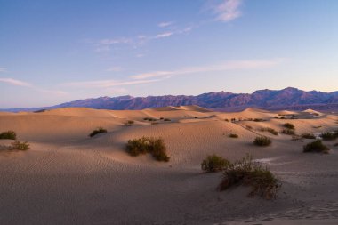Ölüm Vadisi 'ndeki kum tepecikleri, Ölüm Vadisi Ulusal Parkı' nda güneş doğarken soba kuyularının yanında..