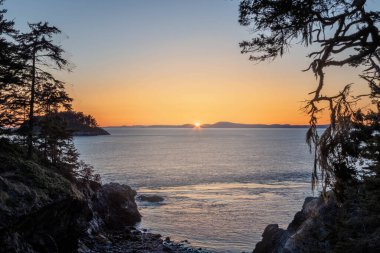 Anacortes Adası 'ndaki görüntünün her iki tarafında da kadın olan bir orman koyunun okyanus üzerinde gün batımı..