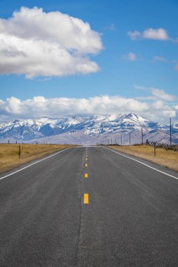 Idaho 'daki uzak dağlara doğru giden uzun, düz bir yol..