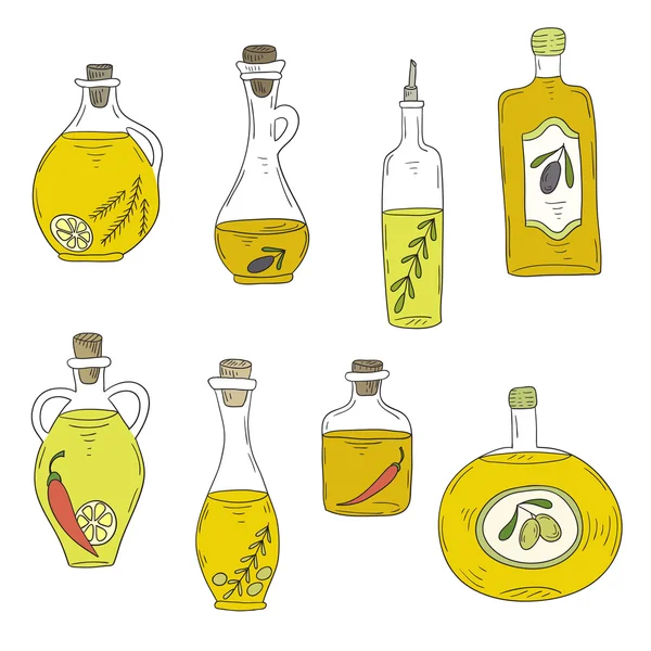 Hand-drawn bottle of oil and olives — Stock Vector