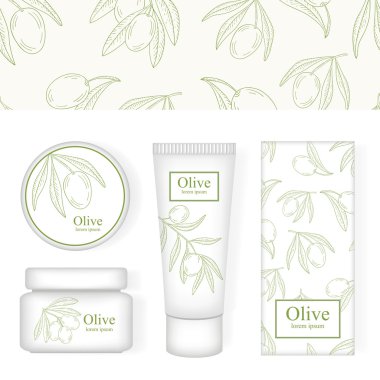 Kozmetik ambalaj olive görüntü ile. Zeytin desen.