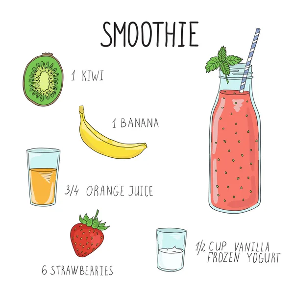 Resep Smoothie dengan botol dan bahan-bahan. Detox, makanan sehat . - Stok Vektor