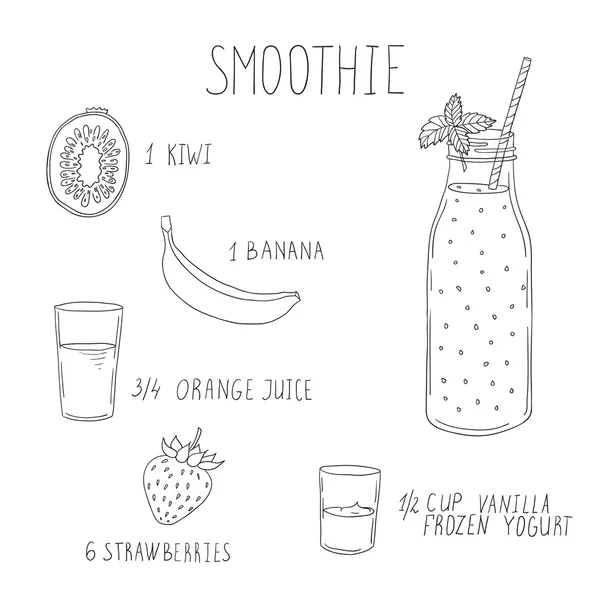 Recette de smoothie avec une bouteille et des ingrédients. Désintoxication, saine alimentation . — Image vectorielle