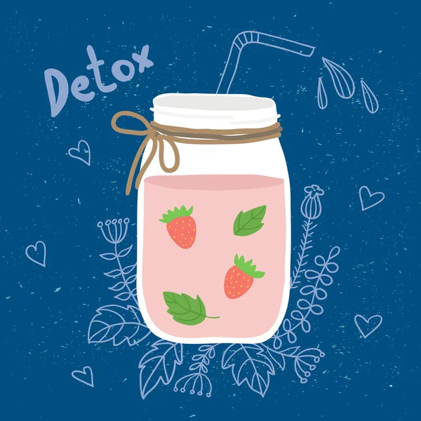 薄荷，瓶思慕雪草莓。排毒和健康饮食。手绘. — 图库矢量图片