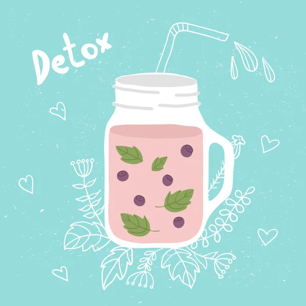 Smoothie de garrafa com hortelã, mirtilos. Desintoxicação e alimentação saudável. Desenho manual . — Vetor de Stock