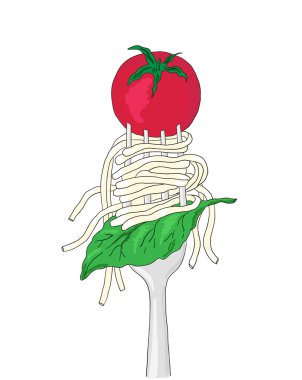 Spagetti kiraz domates ve fesleğen yaprağı bir çatal ile.