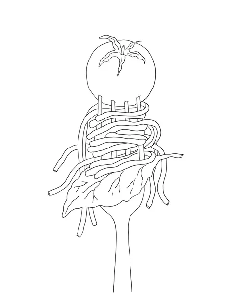 Spaghetti mit Kirschtomaten und Basilikumblatt auf einer Gabel. — Stockvektor