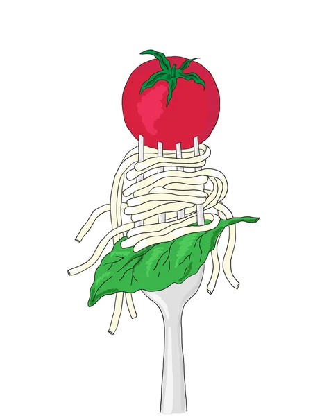 Espaguete com tomate cereja e folha de manjericão em um garfo . —  Vetores de Stock