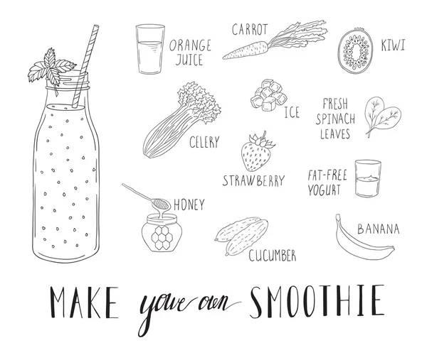 Recette de smoothie avec une bouteille et des ingrédients. Désintoxication, saine alimentation . — Image vectorielle