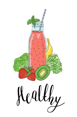 Meyve, sebze ve sağlıklı bir ifade ile şişe smoothies. Detoks, yemek.