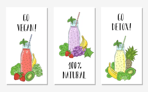 Cartões com a imagem de smoothies garrafas e frutas, legumes. Desintoxicação, alimentação saudável . — Vetor de Stock