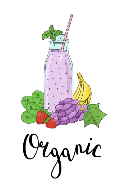 Butelka koktajle z owoców, warzyw oraz zwrot organicznej. Detox, zdrowe jedzenie. — Wektor stockowy