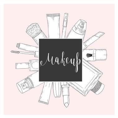 Elle çizilmiş kozmetik küme. Güzellik ve makyaj.