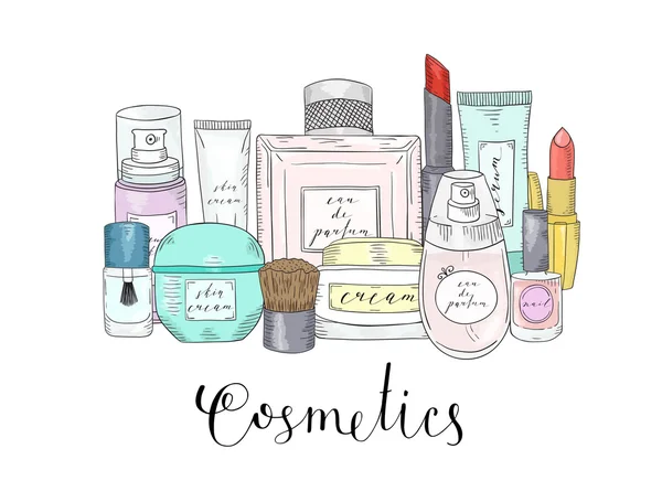 Set de cosméticos dibujados a mano. Belleza y maquillaje . — Archivo Imágenes Vectoriales