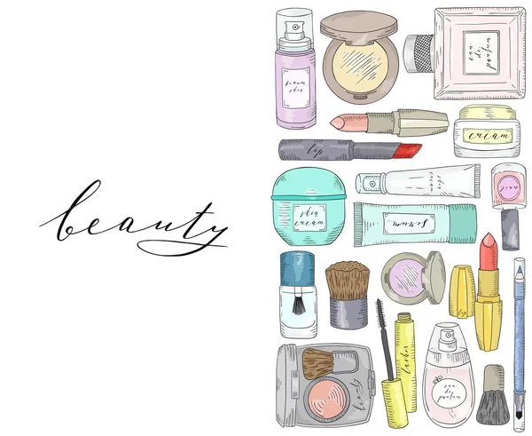Ensemble de cosmétiques dessinés à la main. Beauté et maquillage . — Image vectorielle