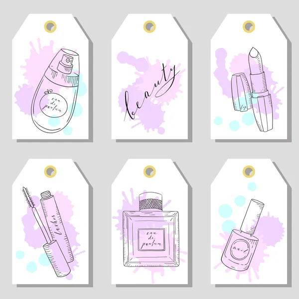 Cosméticos dibujados a mano conjunto de etiquetas de regalo. Belleza y maquillaje . — Vector de stock