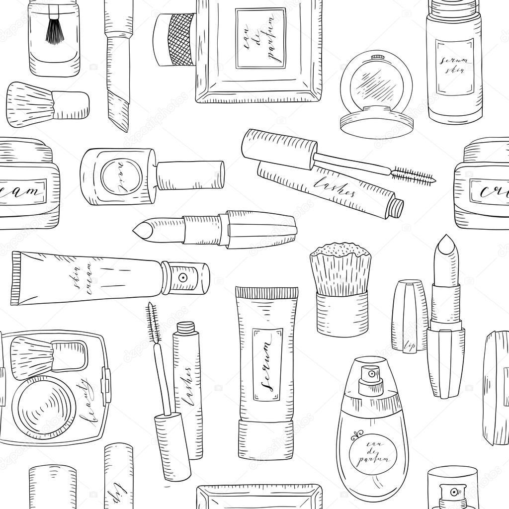 Hand drawn cosmetics pattern. Beauty and makeup. Stock Vector Image by