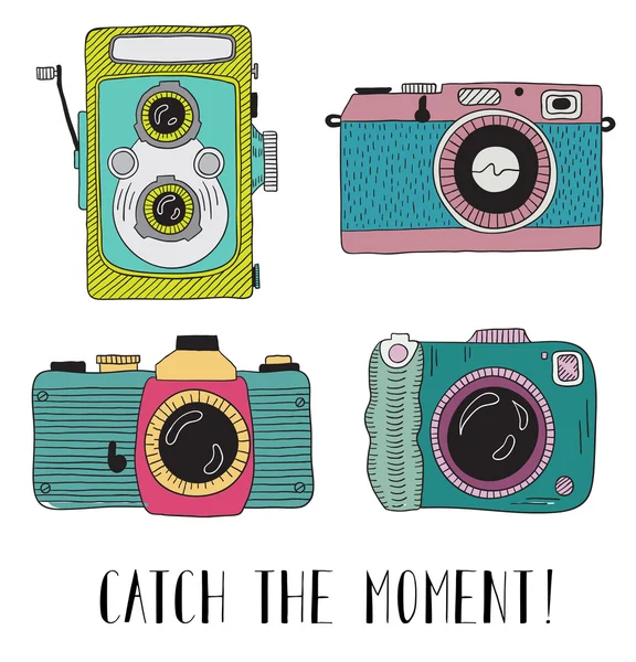 Photo cameras with lettering - Catch the moment. Hand drawn illustration. — Stock Vector