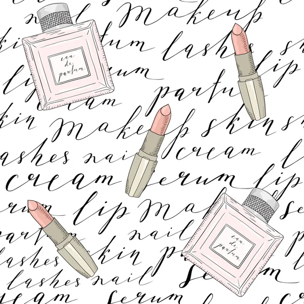 Mönster med handskrivna ord om skönhet, kosmetika och makeup. Parfym, läppstift. — Stock vektor
