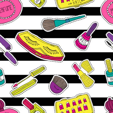 Elle çizilmiş moda kozmetik desen. Çizgi film çizgi roman tarzı güzellik ve makyaj etiketleri.