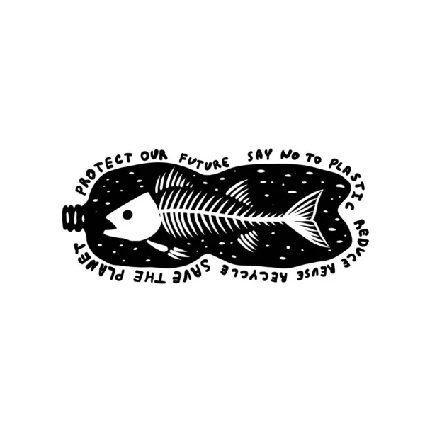 Les montagnes et l'océan avec les poissons dans une bouteille en plastique. Sauver la planète slogan. Design noir et blanc. — Image vectorielle