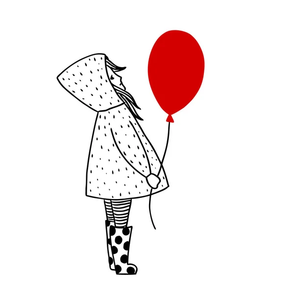 Baby girl with a red ball in a raincoat. Black and white illustration. — Stock Vector