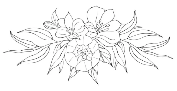 Flores y hojas de peonía, composiciones de tatuajes. Ilustración lineal negra aislada sobre fondo blanco . — Vector de stock