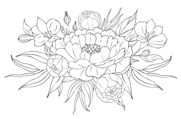 Pion blommor och blad, tatuering kompositioner. Svart linjär illustration isolerad på en vit bakgrund. — Stock vektor