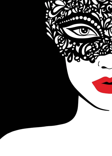 Девушка в черной кружевной маске на лице с красными губами. Векторная иллюстрация. Приглашение на вечеринку, плакат, листовка, открытка. — стоковый вектор