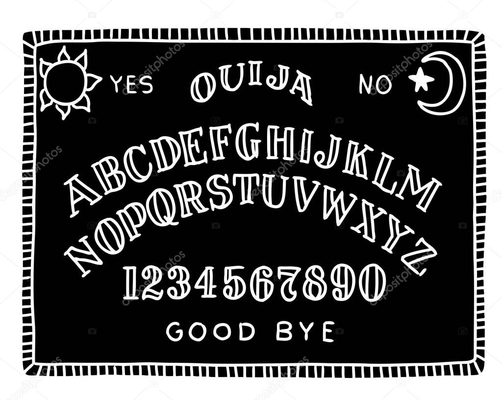 Hand draw black ouija board with the moon and the sun.