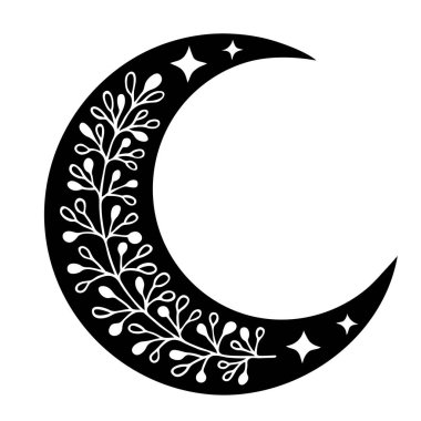 Yıldızlı sihirli ay ve beyaz arka planda çiçekler.