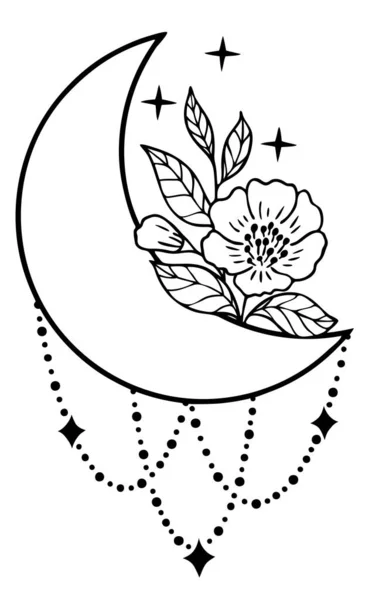 Luna mágica con estrellas, cadenas y flores sobre fondo blanco. — Archivo Imágenes Vectoriales
