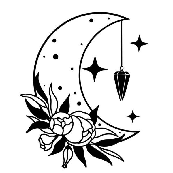 Lune magique avec étoiles, pendule et fleurs sur fond blanc. — Image vectorielle