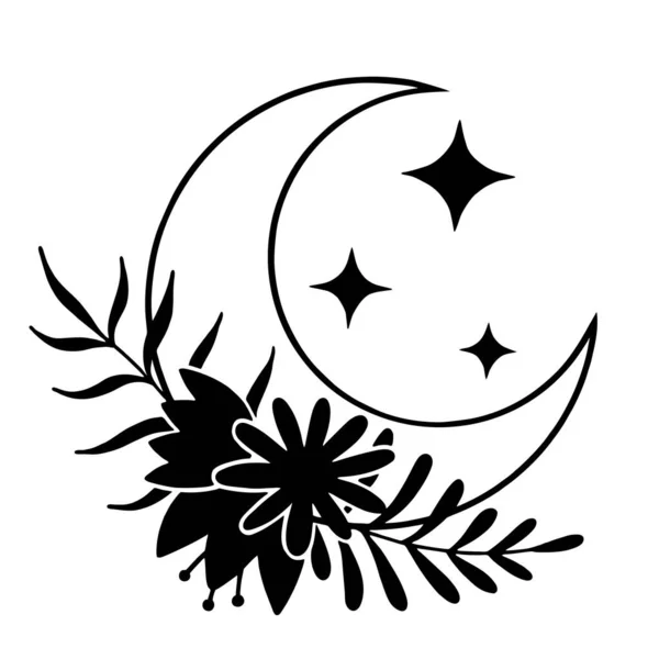 Μαγικό φεγγάρι με αστέρια και λουλούδια σε λευκό φόντο. — Διανυσματικό Αρχείο