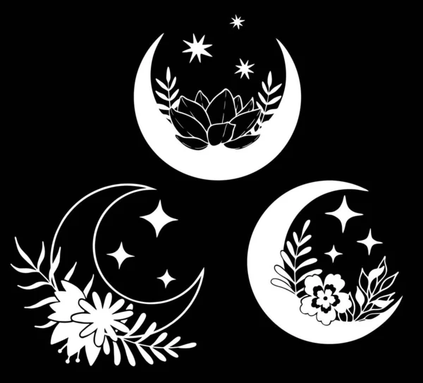 Conjunto de lunas blancas mágicas con estrellas y flores sobre fondo negro. — Archivo Imágenes Vectoriales
