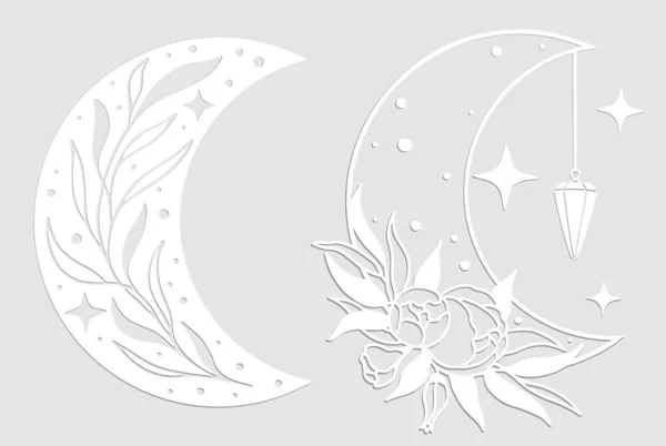 Conjunto de lunas blancas mágicas con estrellas y flores sobre fondo gris. — Vector de stock