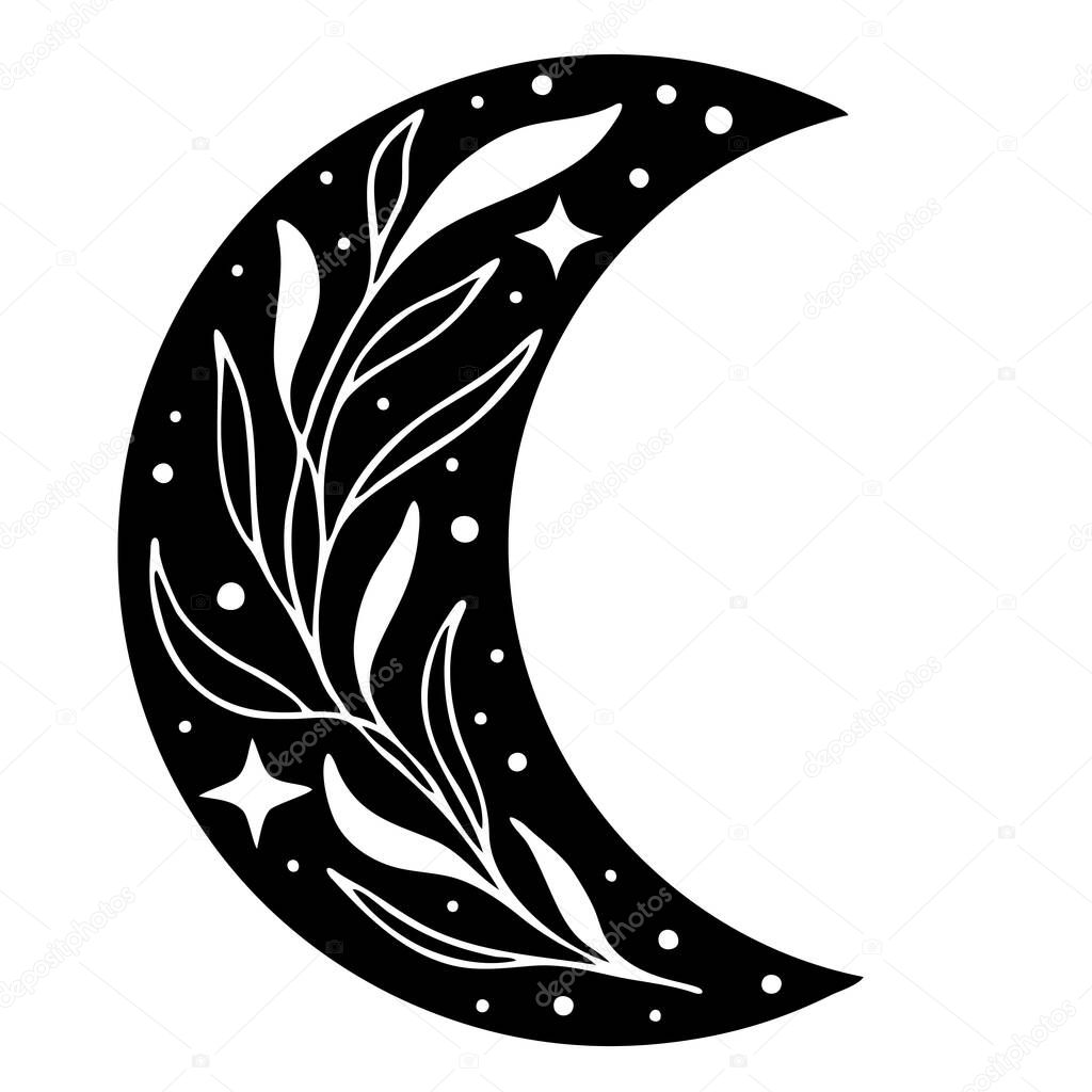 Magic moon with stars and flowers on white background. Mistyc illustration.