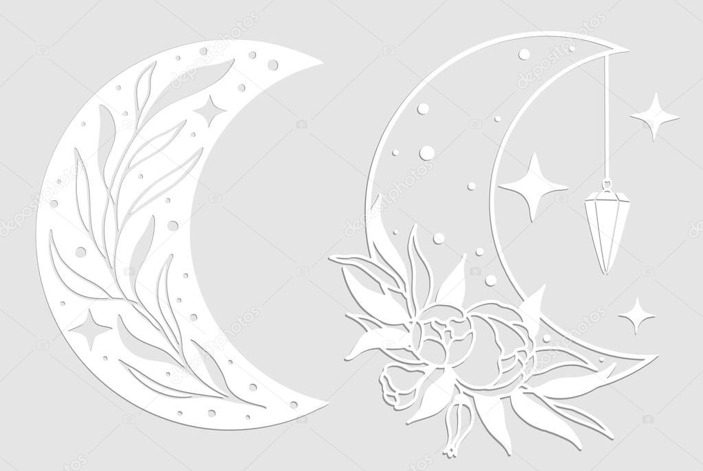 Set of magic white moons with stars and flowers on gray background. Mistyc illustration.