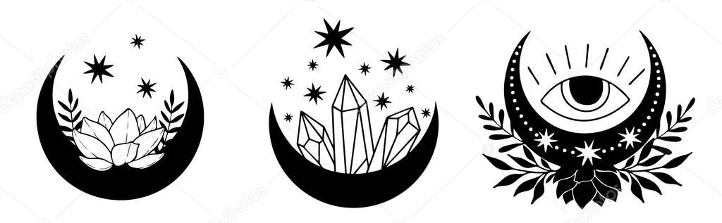 Set of magic black moons with stars and flowers on white background. Mistyc illustration.
