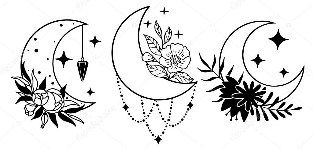 Set of magic black moons with stars and flowers on white background. Mistyc illustration.