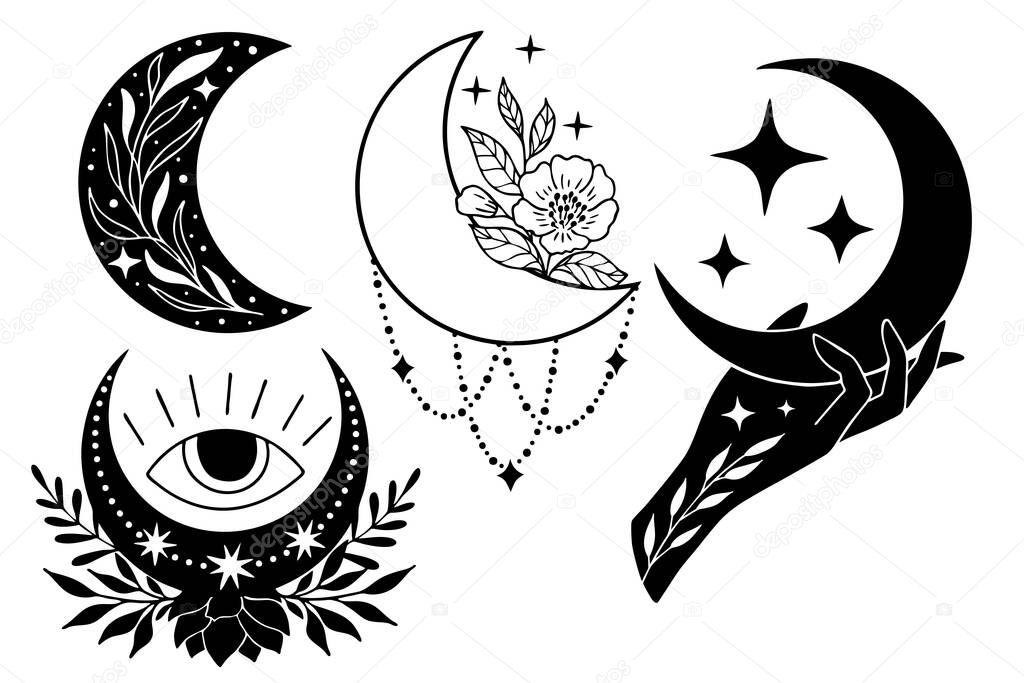 Set of magic black moons with stars and flowers on white background. Mistyc illustration.