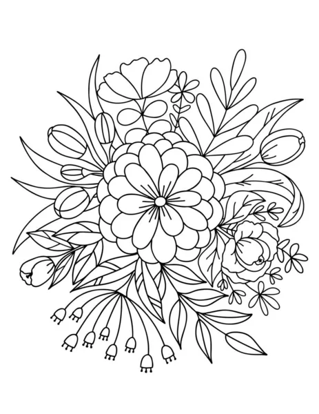 Un ramo de flores para colorear pintado en la parte superior. Ilustración vectorial en blanco y negro, libro para colorear. — Vector de stock