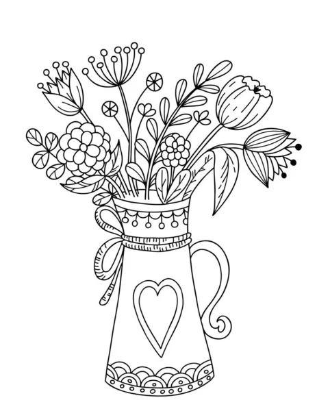 A decanter tied with a ribbon with a bouquet of spring wildflowers. Black and white vector illustration, coloring book. — Stock Vector