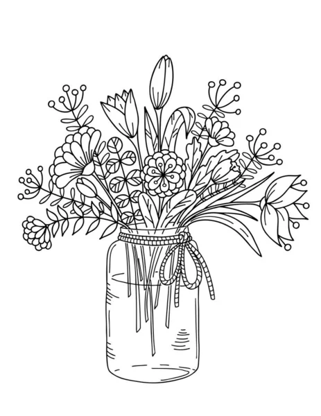 A glass jar with a bouquet of meadow flowers, for coloring. Black and white vector illustration, coloring book. Royalty Free Stock Vectors