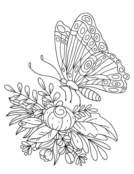 Pillangó egy csokor virág és gyógynövények, színezés. Fekete-fehér vektor illusztráció, kifestőkönyv. Stock Illusztrációk
